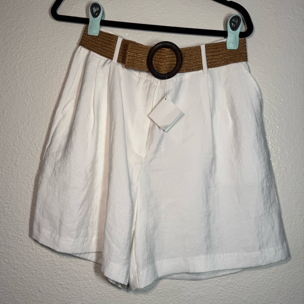 Zara White High-Rise Pleated Shorts with Woven Brown Belt